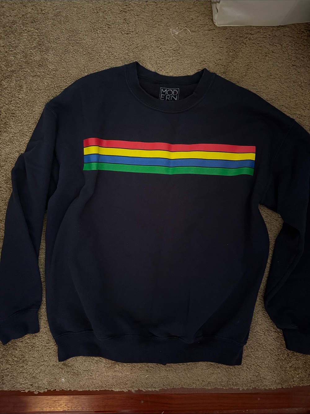 Modern Lux Navy Crewneck with Red Yellow Blue Green Stripes